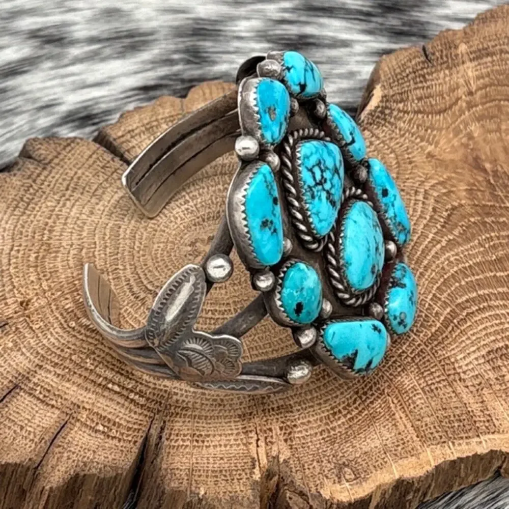 1960s Native American NAVAJO Sterling Turquoise Cluster Cuff Bracelet Flowers - Picture 3 of 5